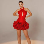 Sexy Halter Backless Lace Edge Red Floral Tight Party Bandage Mini Dress