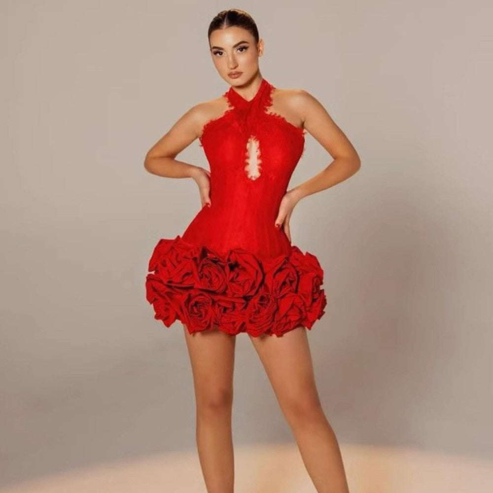 Sexy Halter Backless Lace Edge Red Floral Tight Party Bandage Mini Dress