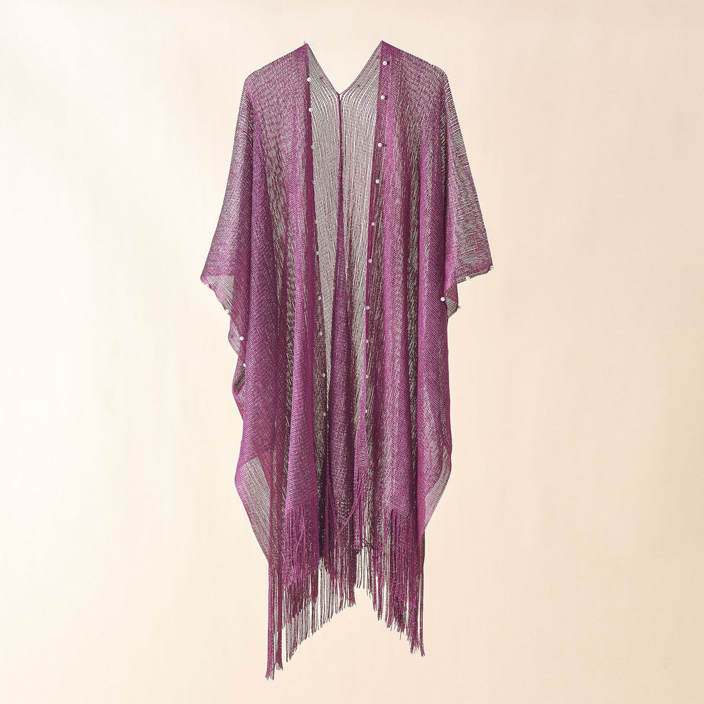 Purple pearl-embellished sheer poncho with V-neck and long fringe tassels