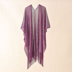 Purple pearl-embellished sheer poncho with V-neck and long fringe tassels