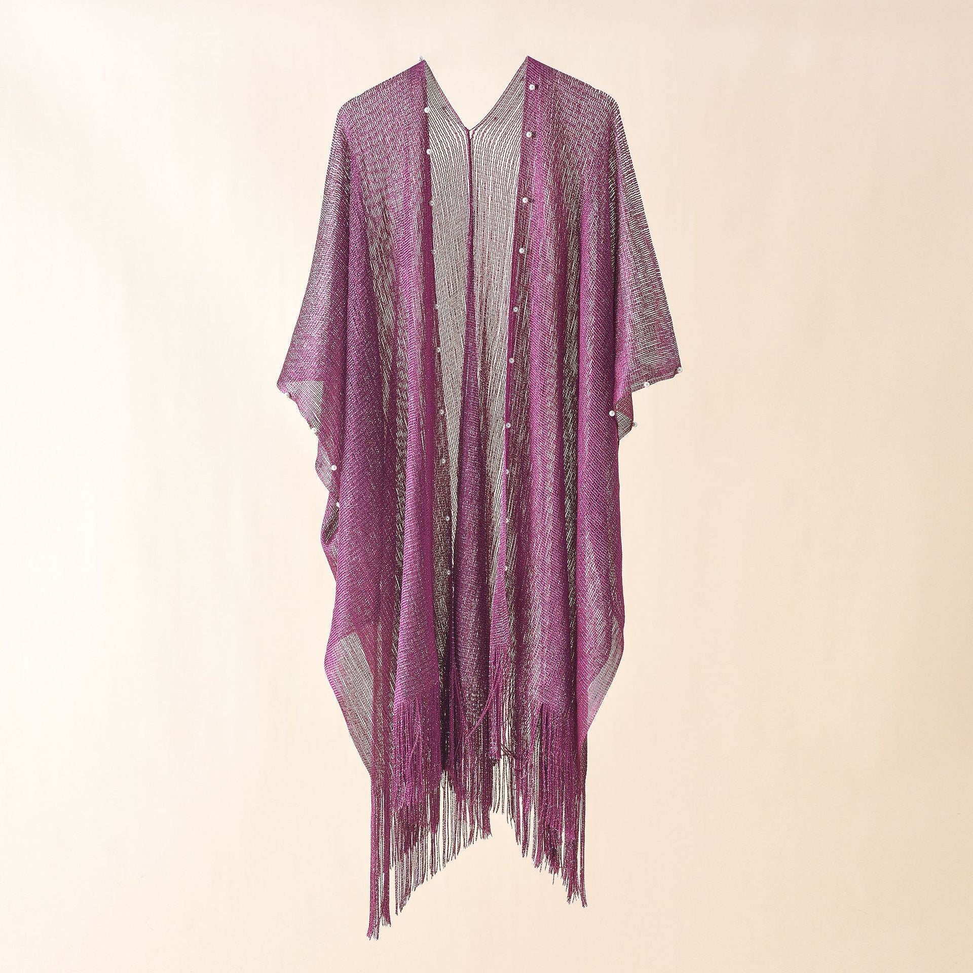 Purple pearl-embellished sheer poncho with V-neck and long fringe tassels
