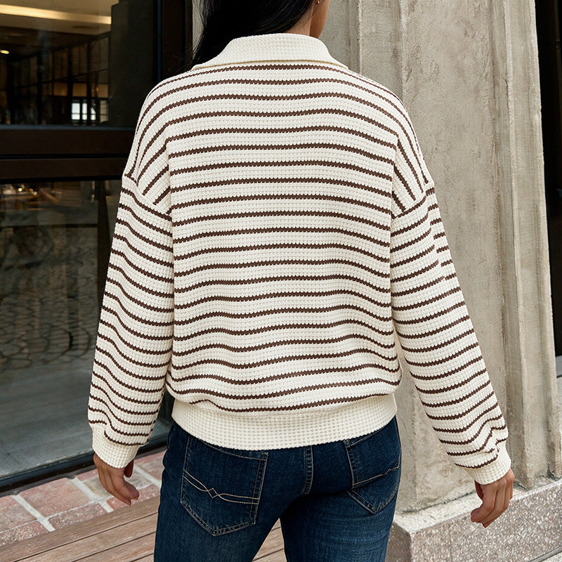 Striped Waffle Knit Hoodie Top