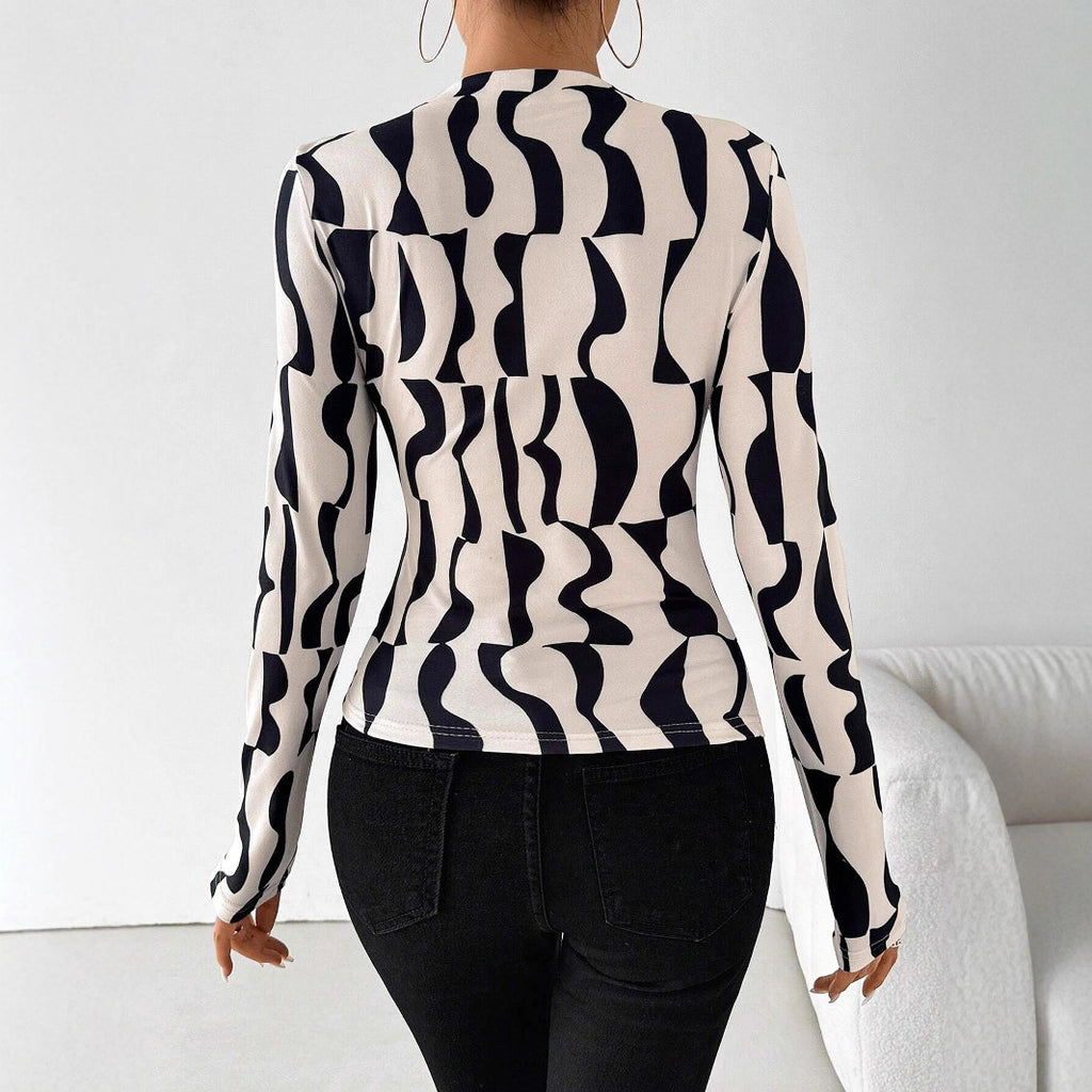 Pleated-Edge Printed Slim-Fit Top