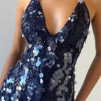 Women's Halter Sequin Backless Tie Sleeveless Bodycon Mini Dress