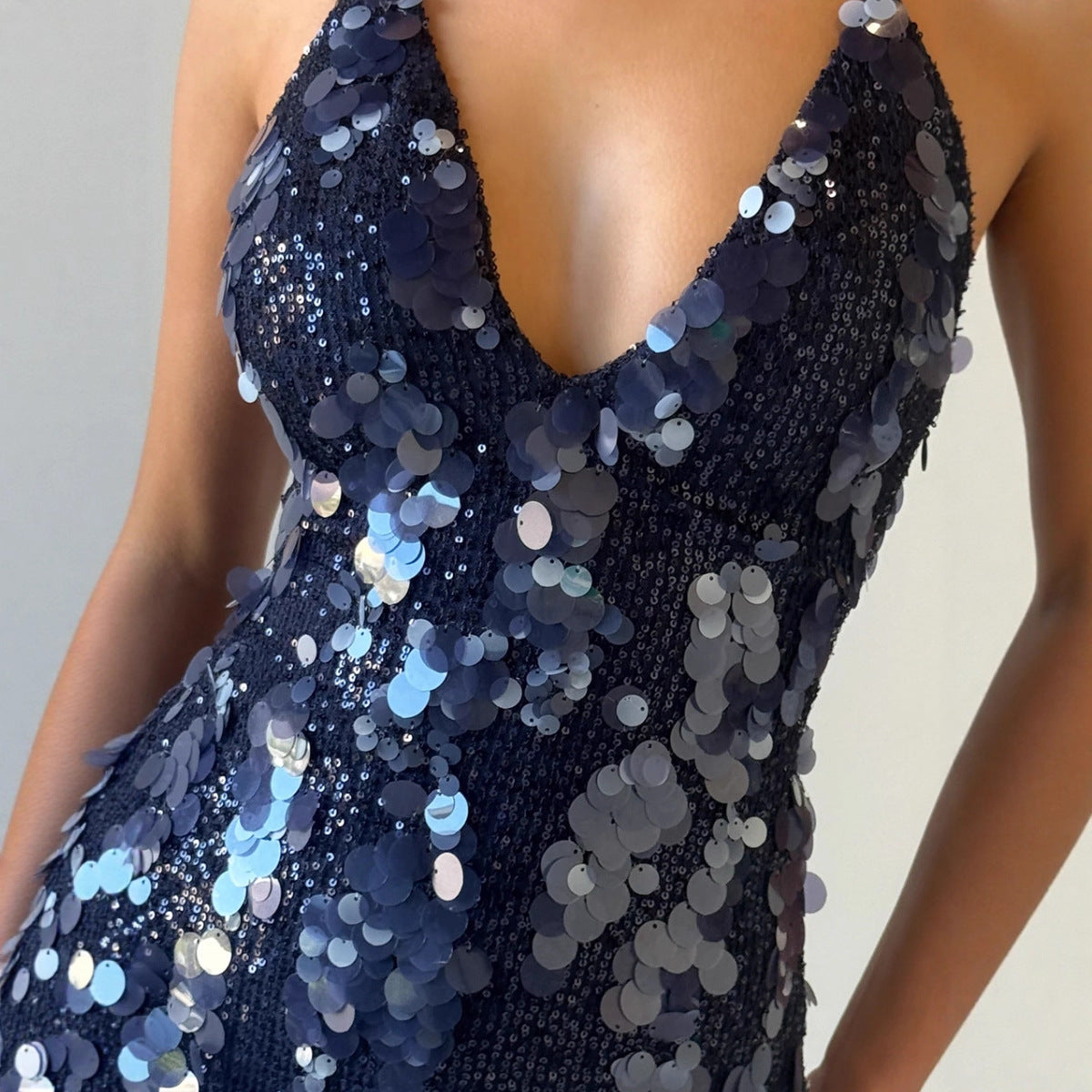 Women's Halter Sequin Backless Tie Sleeveless Bodycon Mini Dress