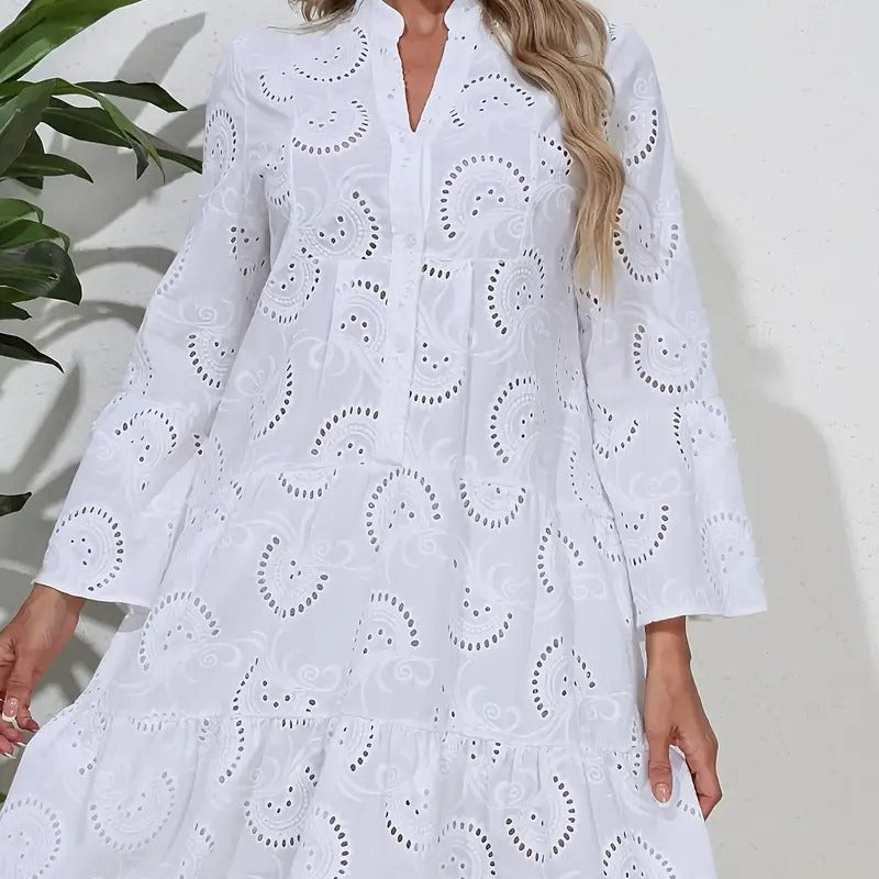 Women's Embroidered Cotton V-Neck Dress