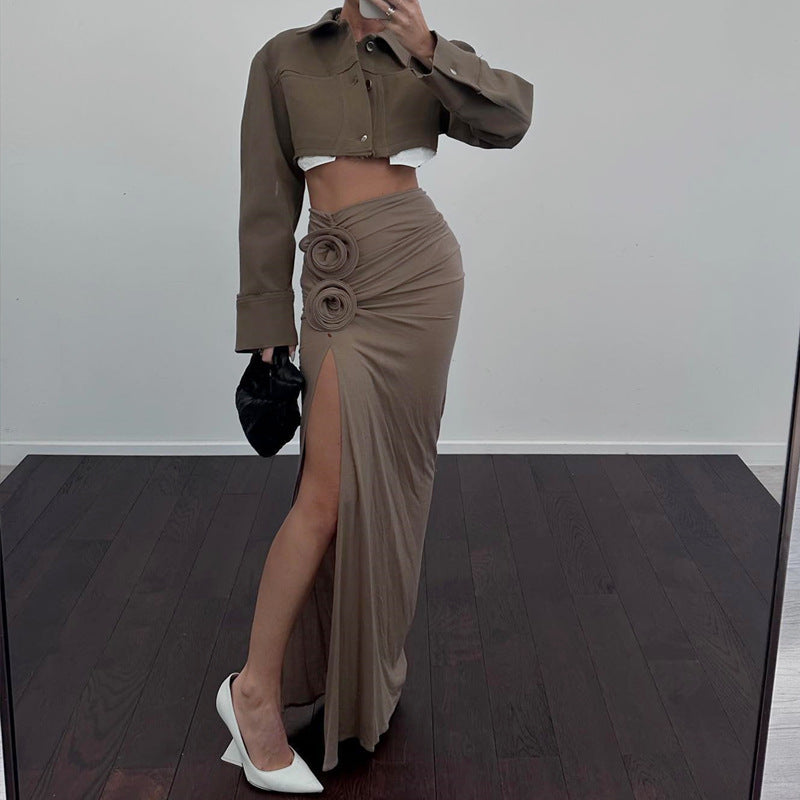 Autumn French High Waist Slit Pleated Floral Skirt