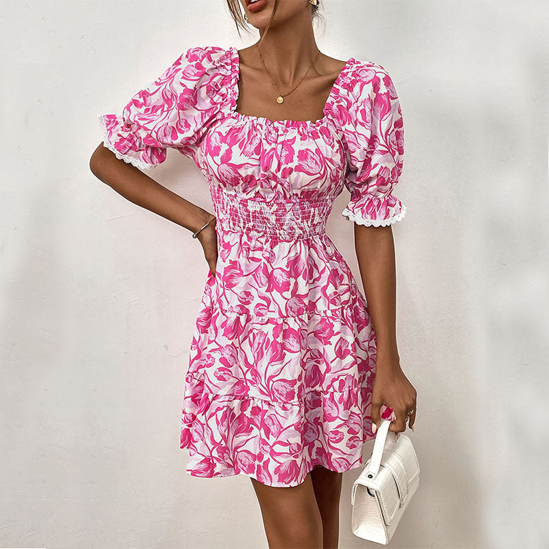 A-Line Puff Sleeve Short-Sleeve Lace-Up Smocking Dress