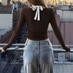 Women's Halter Faux Long-Sleeve T Shirt Back Lace Up Design Slim Fit Figure Flattering Graceful Tops Two-Piece Set