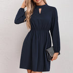 Mock-Neck Cutout Lantern-Sleeve A-Line Mini Dress