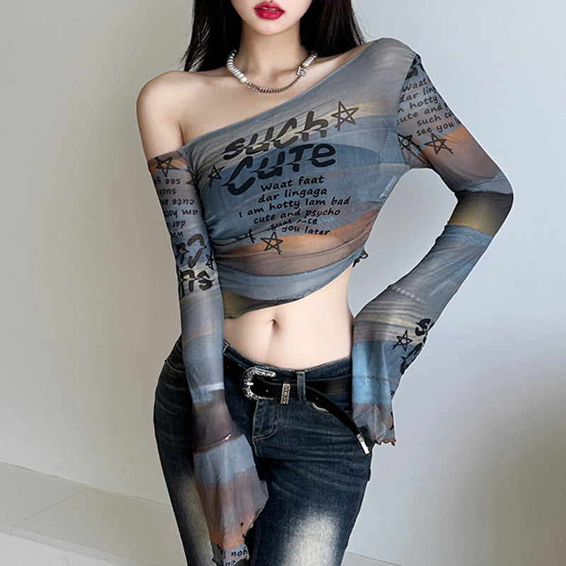Women's Mesh Graphic Print Off-Shoulder Top