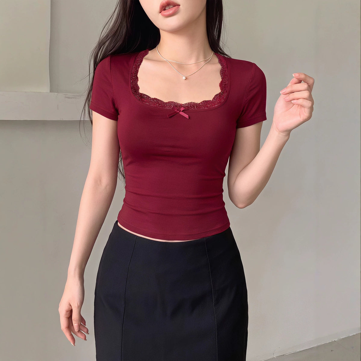 Women's Lace Bow Short-Sleeve T-Shirt