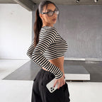 Women's Autumn Sexy Cropped Long Sleeve Inner Bottoming Shirt Striped Top