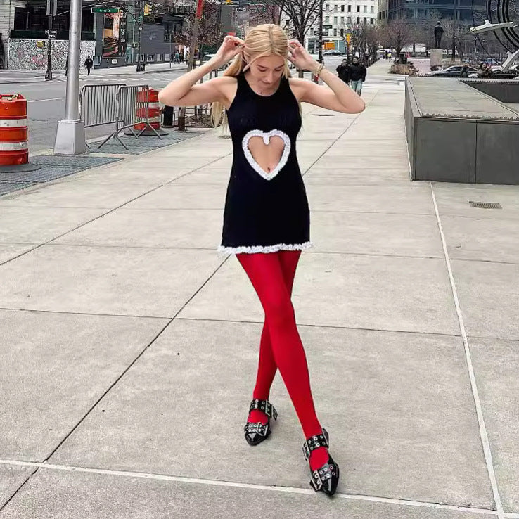 Cutout Out Heart Shaped Vest Knitted Lace Sleeveless Short Dress