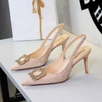 Cocktail Stiletto Heel Women Shoes Metal Rhinestone Square Buckle Pointed Toe Slingback Back Strap Sandals Women