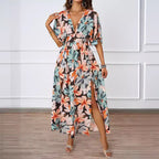 Women's Summer Floral Print Maxi Dress Elastic Band Waist Tight Big V Neck Short Sleeve Dress For Women