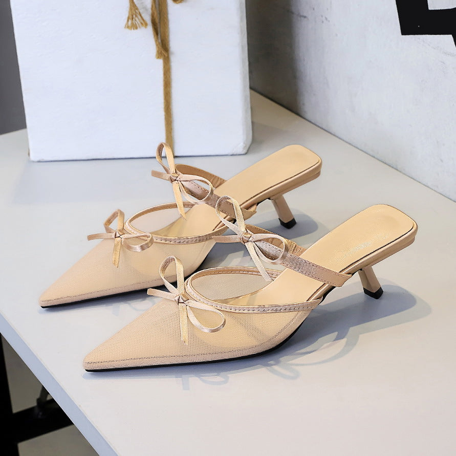 Women's Korean Lace Half Slippers Stiletto Shoes Pointed Toe Low Cut Bowknot Strap