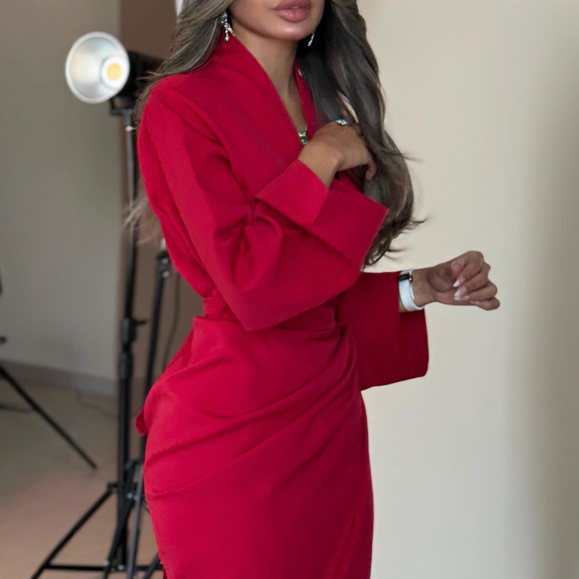 Women Clothing Fall Sexy Pleated Long Sleeve V neck Dress