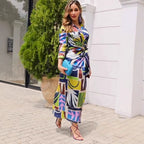 Printed V-Neck Belted Long-Sleeve Maxi Dress