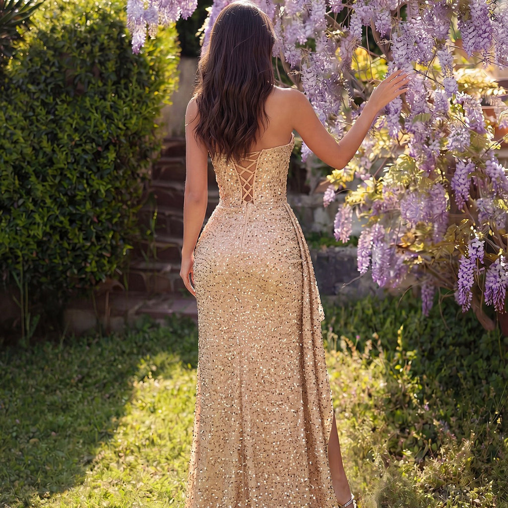 Women's Champagne Gold Sequin Strapless Maxi Dress