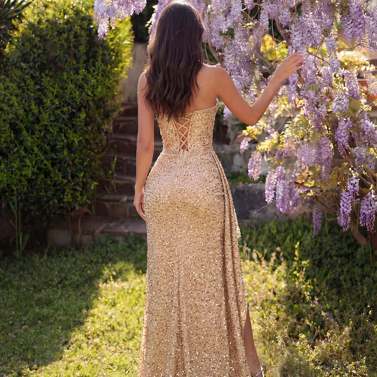 Women's Champagne Gold Sequin Strapless Maxi Dress