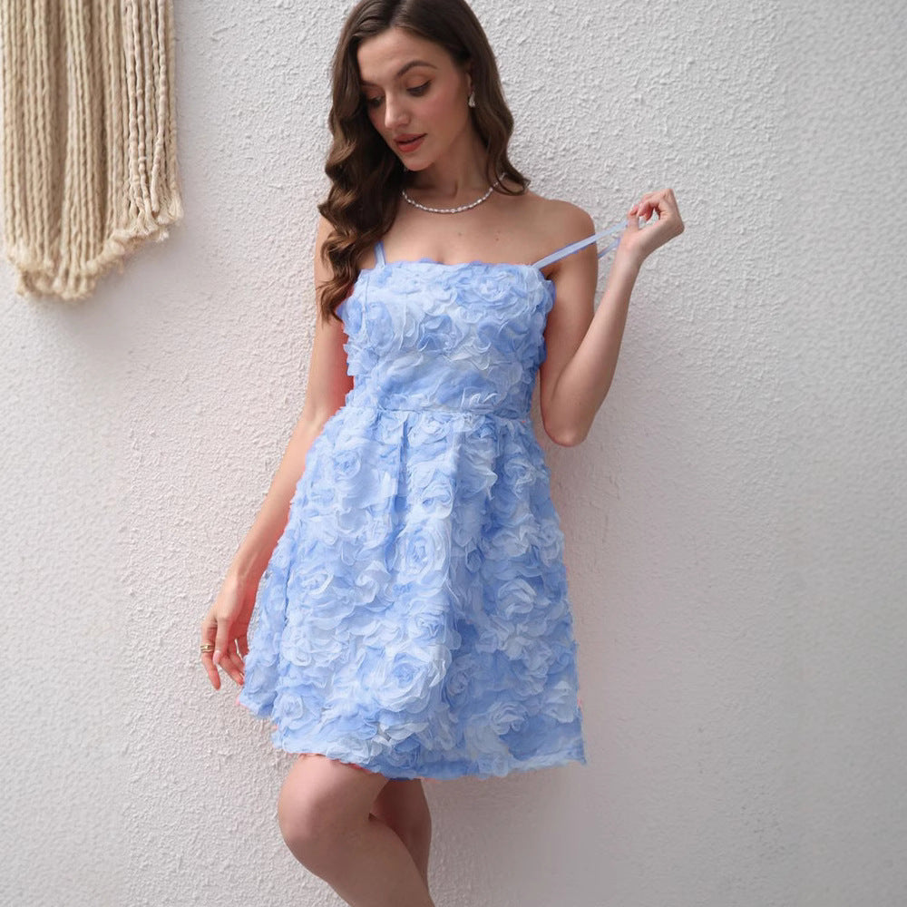 Sky-blue ruffled mini summer dress with spaghetti straps and square neckline.