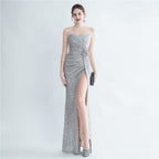 Women's Gathers Sequin Handmade Floral Split Strappy Simple Evening Dress