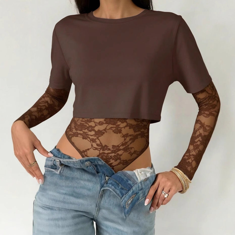 Women's Lace Detail Cropped Short Sleeve Top