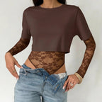 Women's Lace Detail Cropped Short Sleeve Top