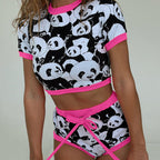 Summer Cool Cute Panda Print Stitching Short Sleeved Shorts Two Piece Women Home Wear