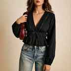 Women's Deep V Embroidered Ruffle Blouse