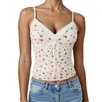 Women's Summer French V neck Floral Printed Backless Top Sleeveless Vest