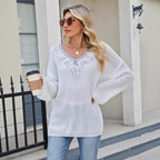 Women Loose Casual Top Women Clothing Sequined Embroidered Lace Bow Tie Stitching V neck Pullover Sweater