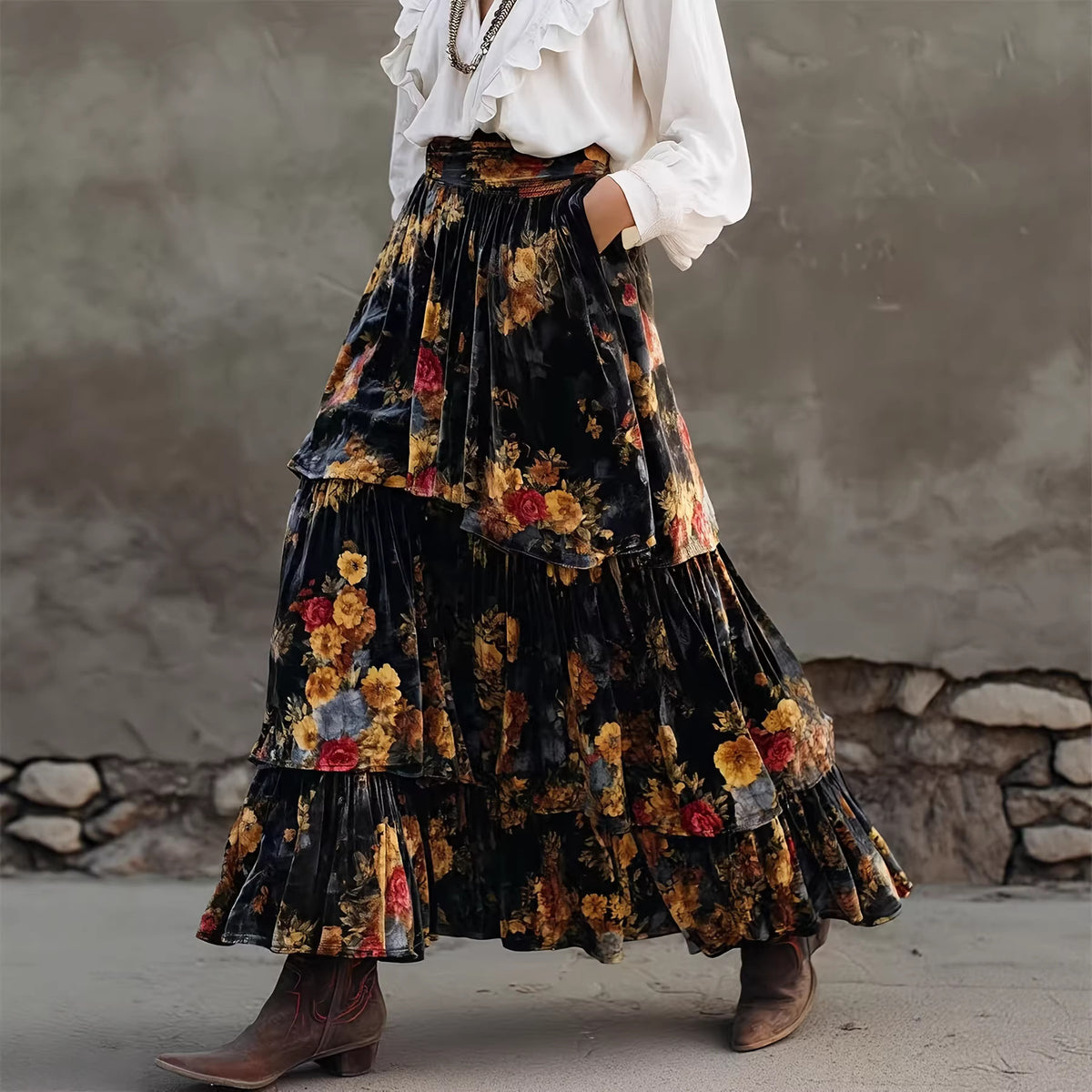 's Skirt Elegant Large Skirt Floral Retro High Waist Tiered Ruffle