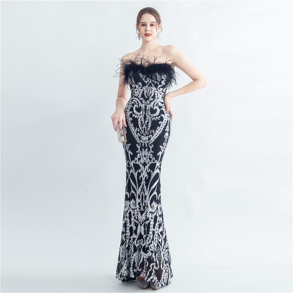 Women's Ostrich Feather Elegant Strapless Evening Dress
