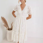 Lace V-Neck Button-Front Midi Dress