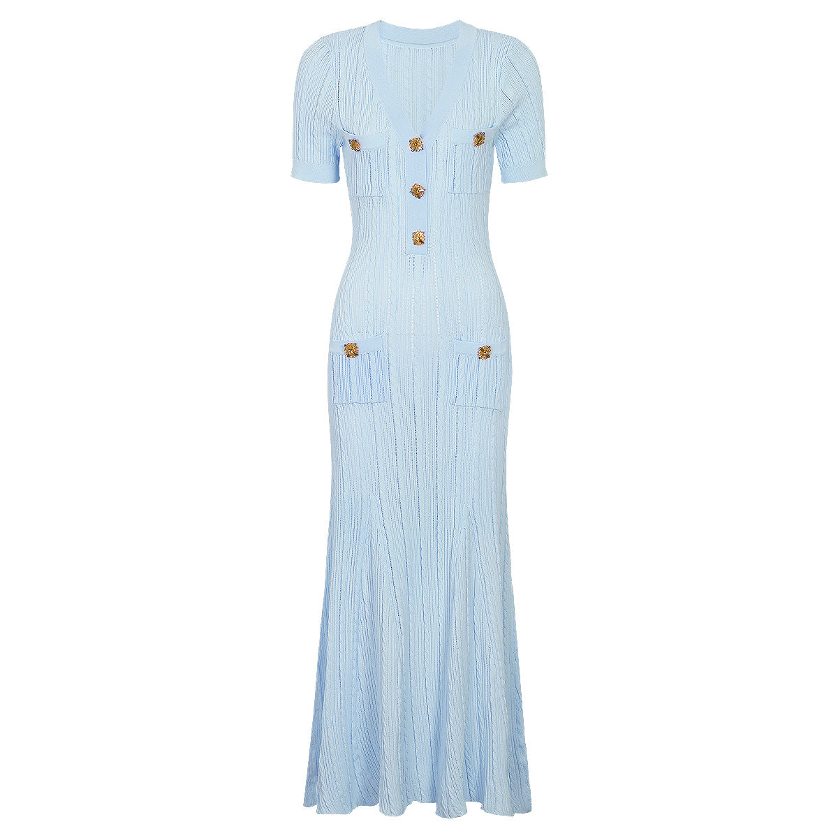 Light blue maxi short sleeve dress with ribbed texture, decorative button details and patch pockets