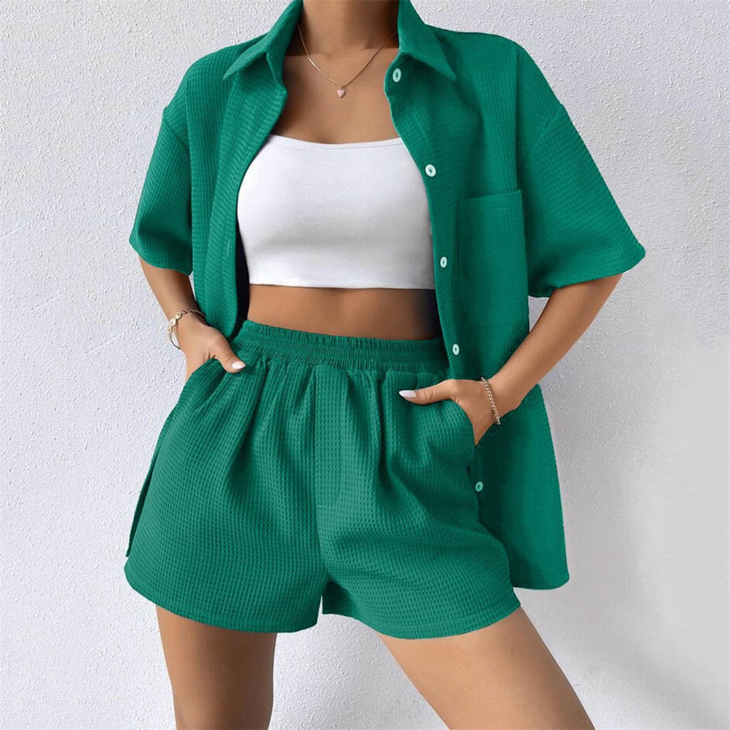 Women's Summer Suit Loose Casual Short-Sleeve Shirt Elastic Waist Shorts Two-Piece Set