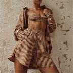 Women's Summer Three-Piece Striped Single Breasted Long-Sleeve Collared Shirt Shorts Casual Set