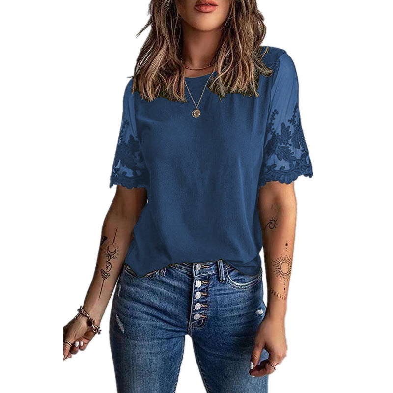 Women's Summer Women Round Neck Short Sleeve Top Lace Chiffon Shirt