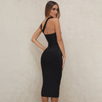 Black bodycon midi dress with open back and halter strap detail