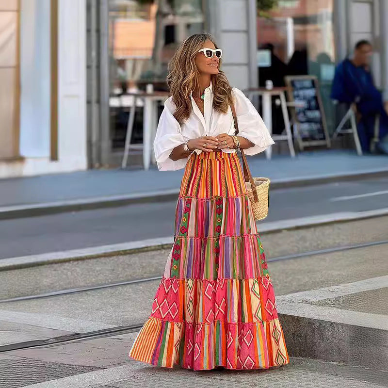 Autumn Internet Celebrity Same Printed Ruffled Big Skirt