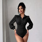 Polo Collar Breasted Bubble Long Sleeve Waist High Fork
