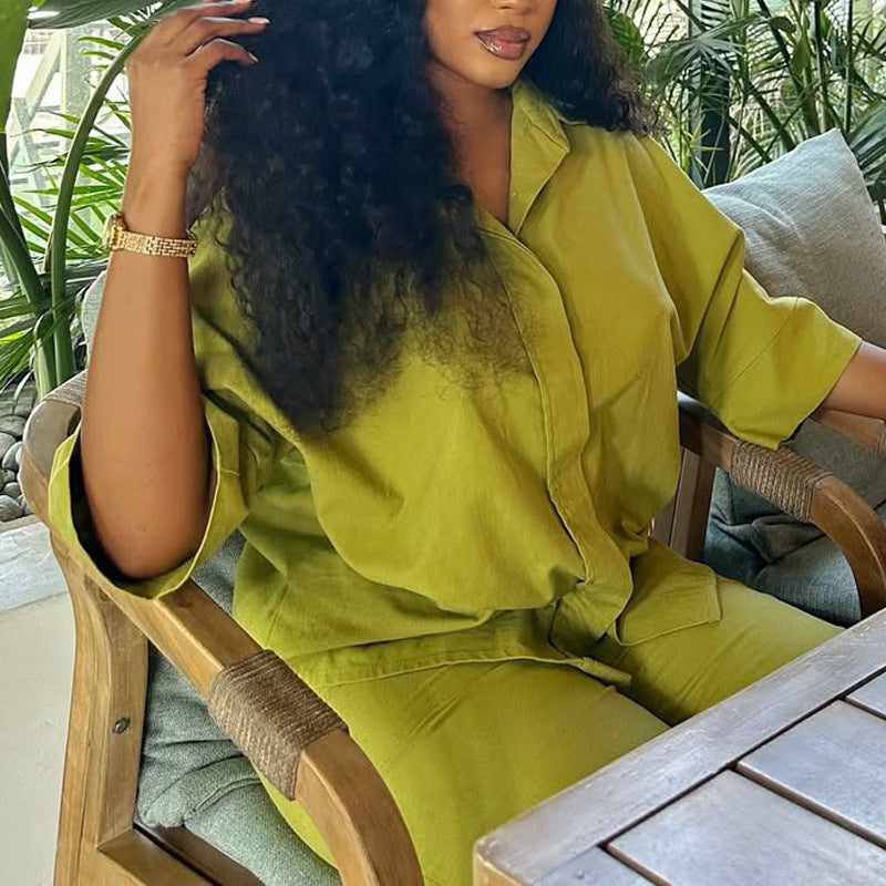 's Loose Shirt Solid Color Shirt Straight Leg Trousers Two-Piece Set