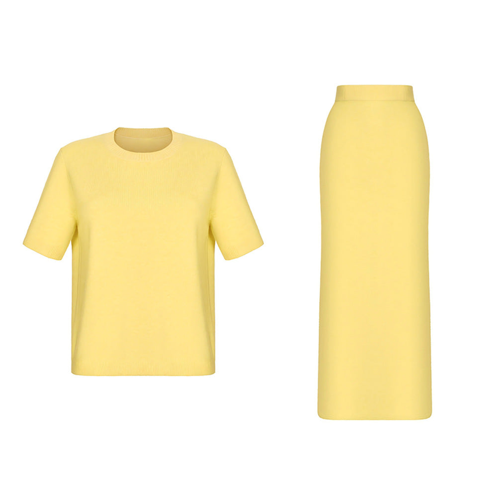 Women's Pullover Short Sleeve Skirt Set Summer Knitting Solid Color Set