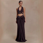 Women's Black Pleated Rhinestone Halter Maxi Dress