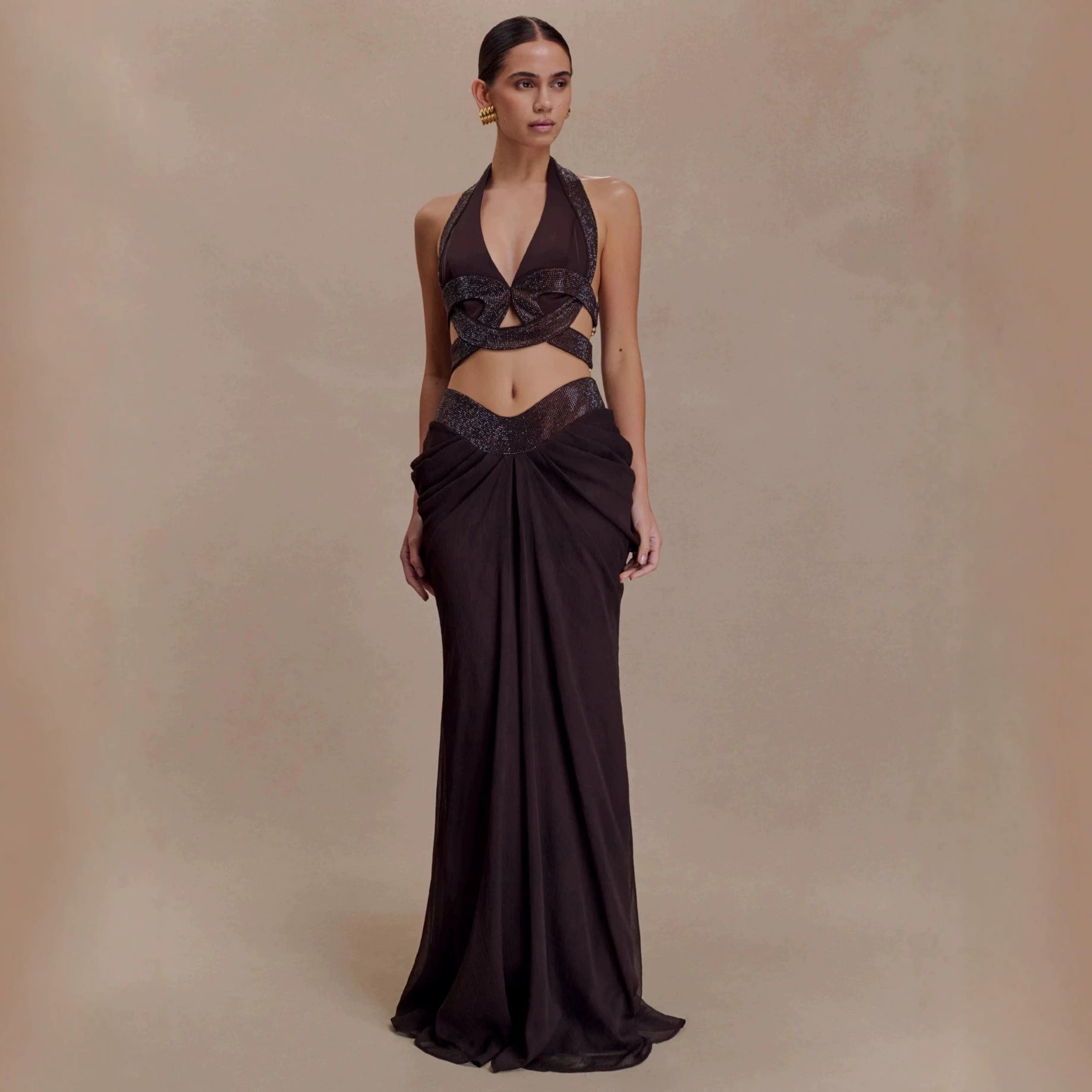 Women's Black Pleated Rhinestone Halter Maxi Dress