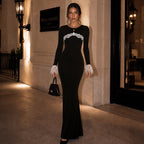 Fall Elegant Slim Fit Round Neck Long Sleeves Stitching Lace Sheath Dress