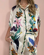 Graffiti Printing Satin Short Sleeved Collared Shirt Trousers Casual Two Piece Suit Amplified craft
