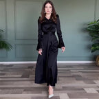 Autumn V-Neck Solid Color Split Long-Sleeve Slim Fit Belt Dress